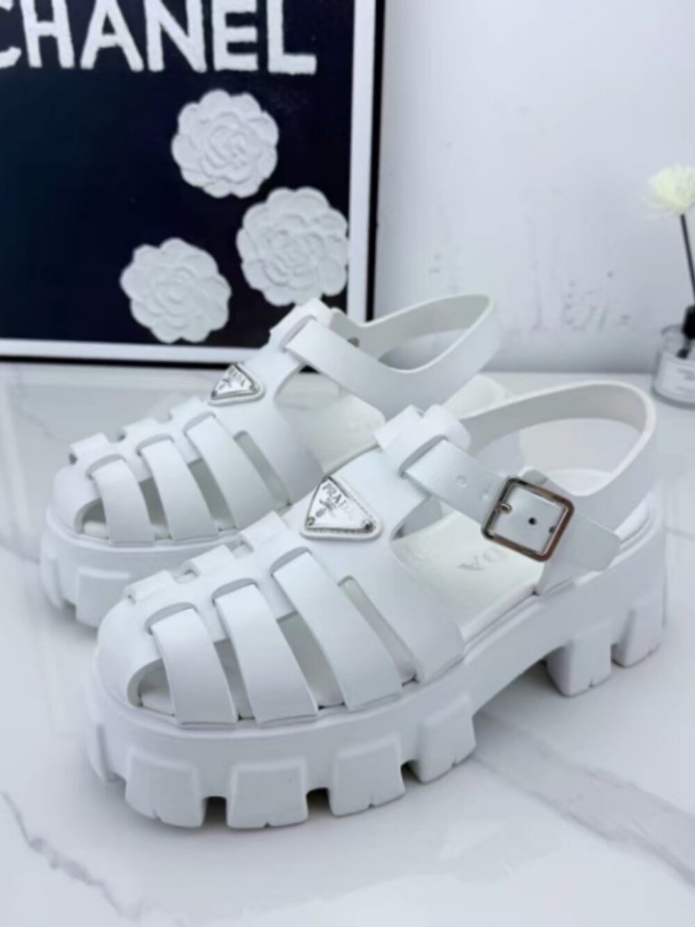 Prada Caged Lug Sole Sandals, Size 38 / US 8
